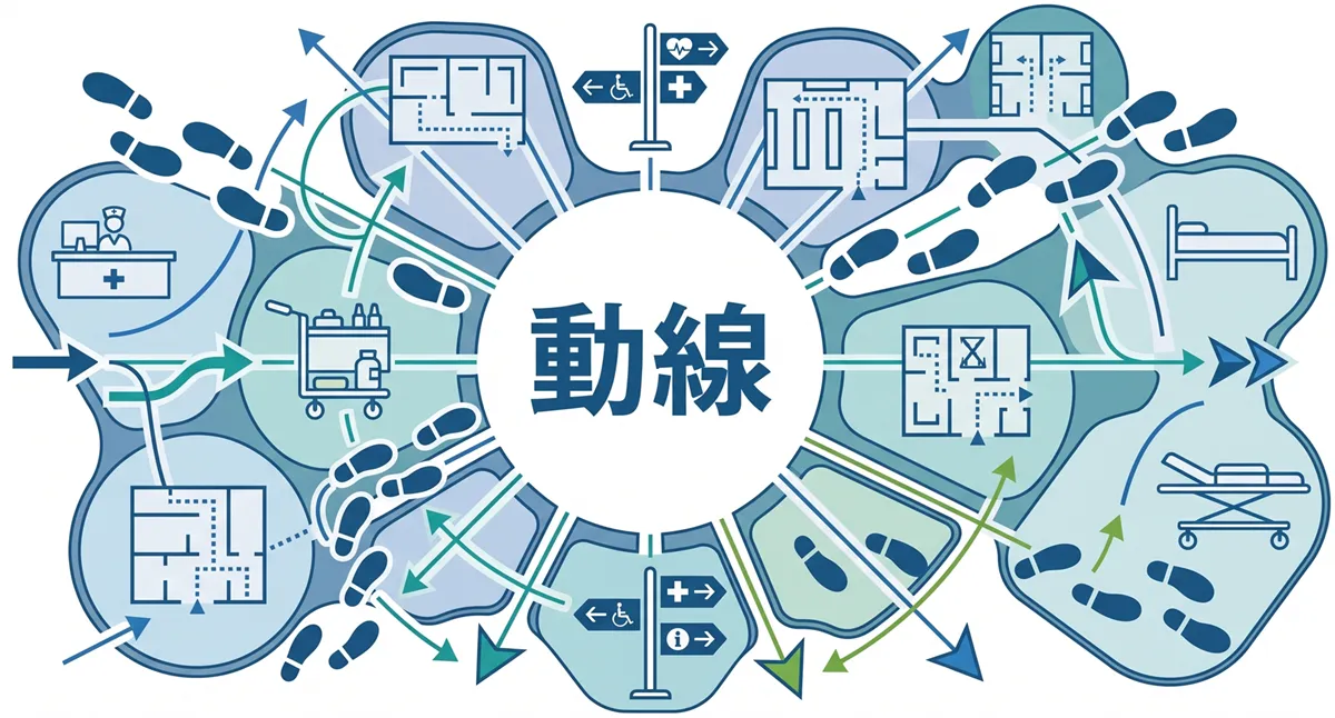 病院・クリニック内の動線設計（スタッフ・患者の移動経路）のイメージ図